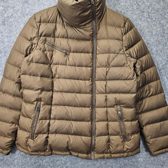 Down Puffer Jacket Womens S Tan Gold COLE HAAN Funnel Neck Asymmetric Prep 20x25 - Picture 11 of 14